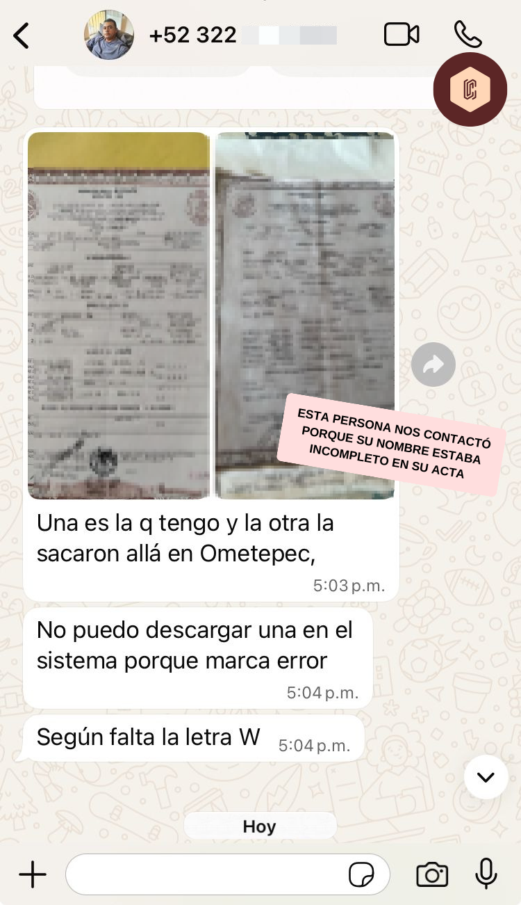 Corrección del nombre y datos de los padres.